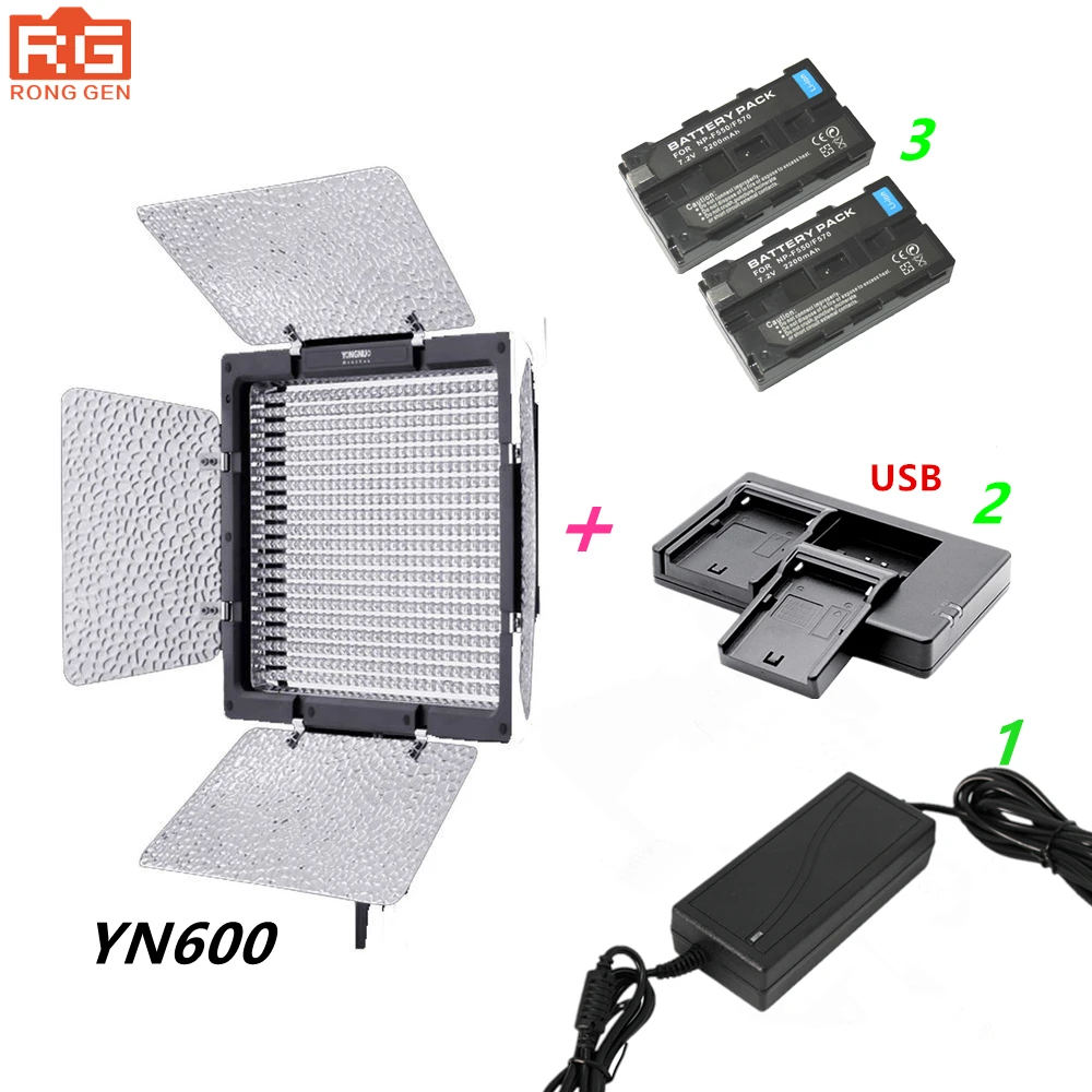 YONGNUO-YN600-Yongnuo-YN-600-3200-5500k-LED-Video-Light-AC-Adapter-2-NP-F550-Charger_副本1