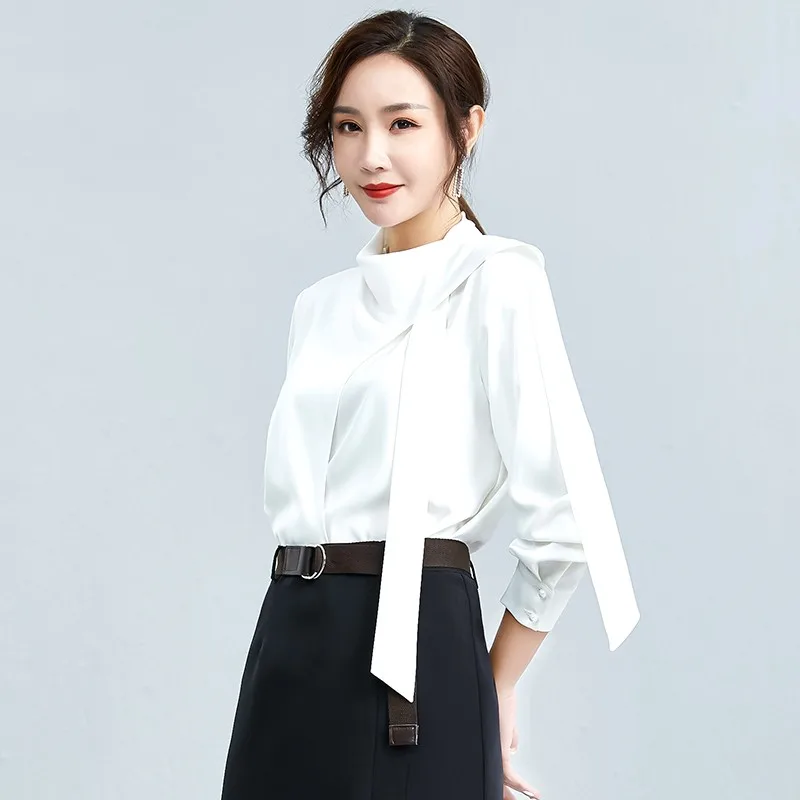 Bow Collar Solid Color Office Lady Blouse Shirt