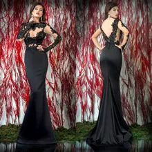 

2018 Gorgeous Black Mermaid Evening gown Long Sleeves Bateau Neck Floor Length Appliqued Lace Prom mother of the bride dresses