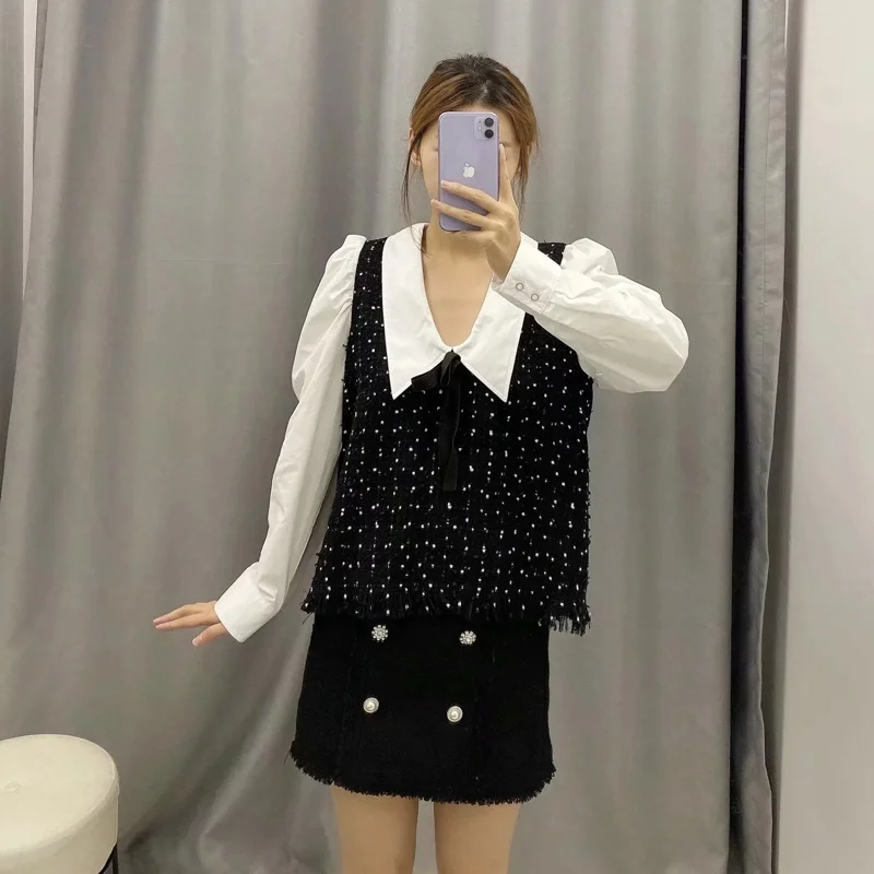 Blouses Shirts Women Vintage Tweed Patchwork Casual Blouses Shirts Women Long Sleeve Chic Blusas Tops