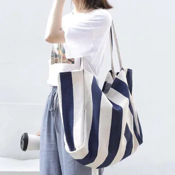 

Cotton Canvas Stripe Shopping Tote Casual Big Shoulder Carrying Bag Eco Reusable White Black Bags Shopping Bag