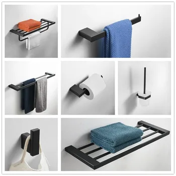 

Matte Black Bath Hardware Sets Towel Rack Corner Shelf Paper Holder Towel Bar Stainless Steel Bathroom Hardware set