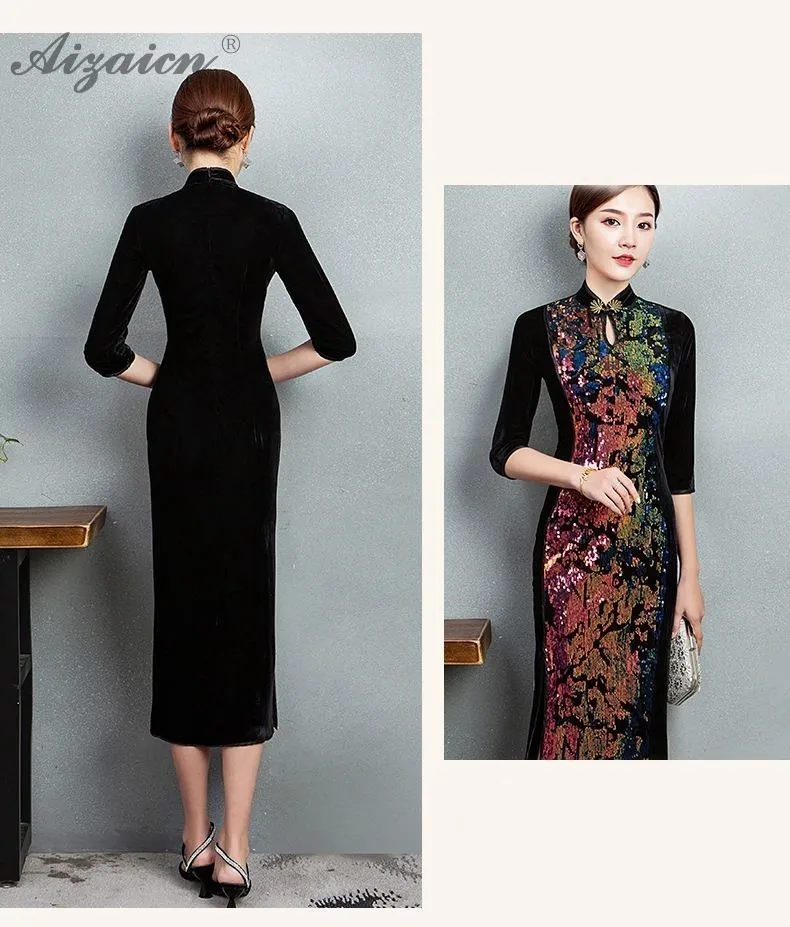 Модное бархатное свадебное Восточное вечернее платье Cheongsam, традиционная китайская одежда для женщин Chipao Qipao, Повседневное платье из золотой парчи