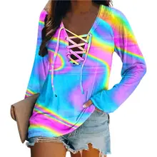 

Women Blouse Long Sleeve V-Neck Gradient Color T-shirt Blouse Fall Winter Tie Dye Front Bandage Strap Lady Top Streetwear