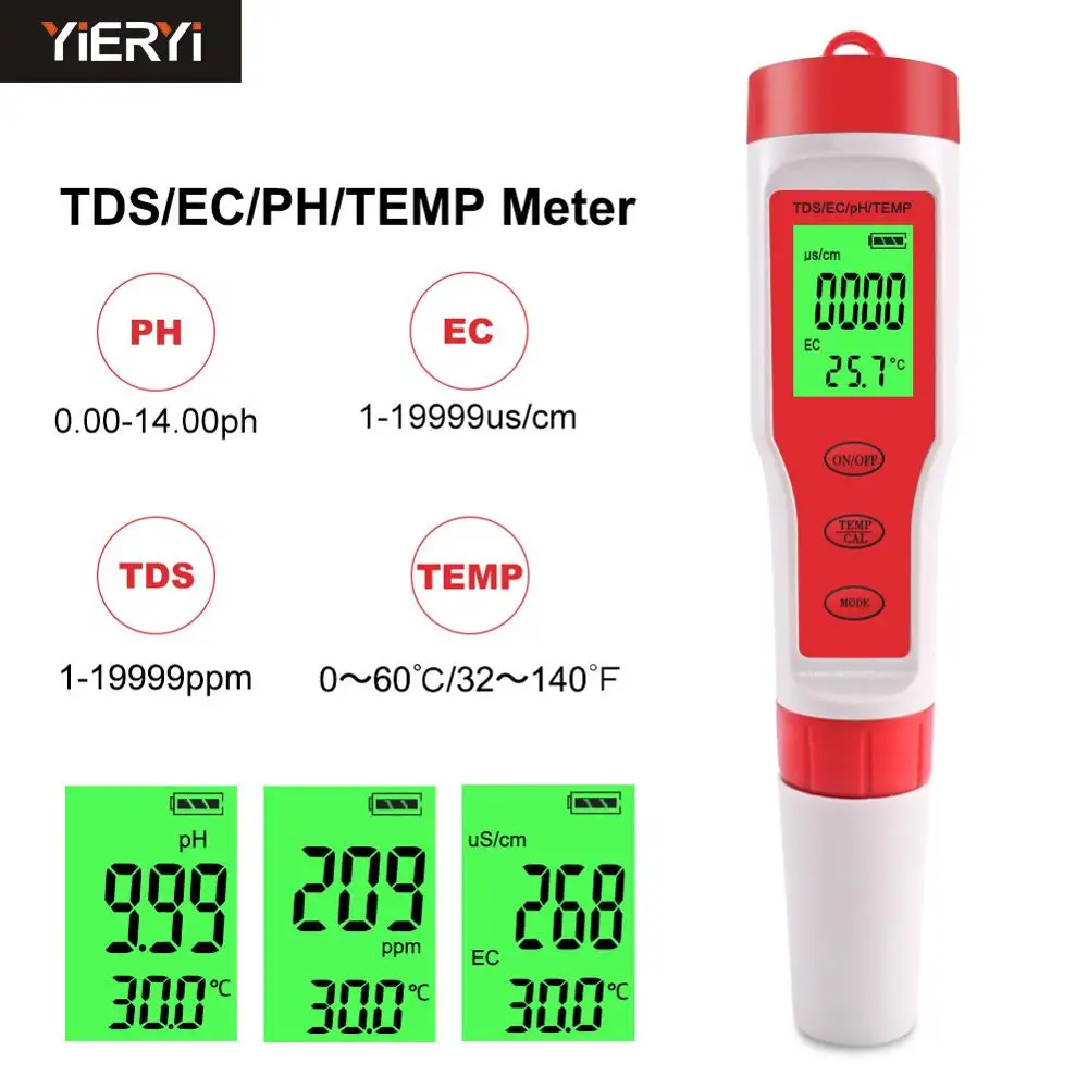 Измеритель температуры YIERYI 4 в 1 PH/TDS/EC цифровой тестер качества воды для бассейнов