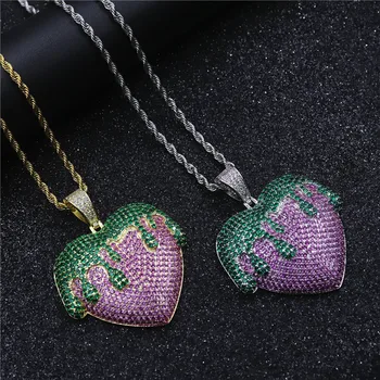 

Hip Hop Green Pink CZ Stone Paved Bling Iced Out Heart Shape Strawberry Plant Pendants Necklace for Men Women Rapper Jewelry