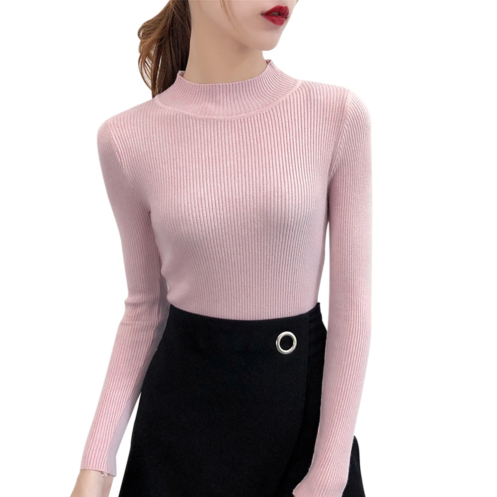 Heflashor свитер женский однотонный тонкий полувырез теплый трикотаж зимний длинный рукав водолазка Топ - Цвет: pink