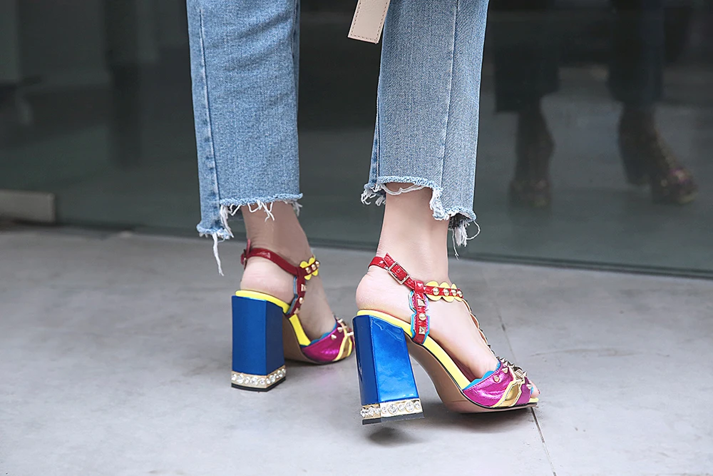 Brand high quality Sheepskin leather women's sandals Summer punk studded gothic sweet girl super high heels shoes Purple 33 38