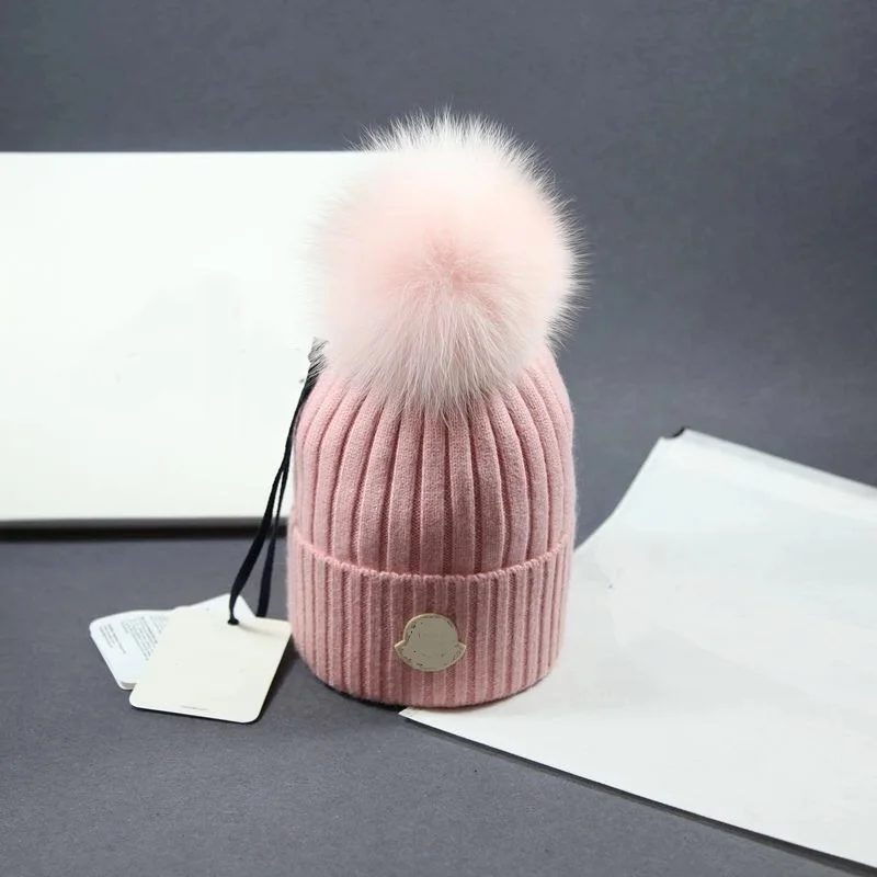 Real Fox Fur Wool Female Cap High Quality Warm Striped Hat Knitted Winter Hats For Women Fashion Thick Beanies
