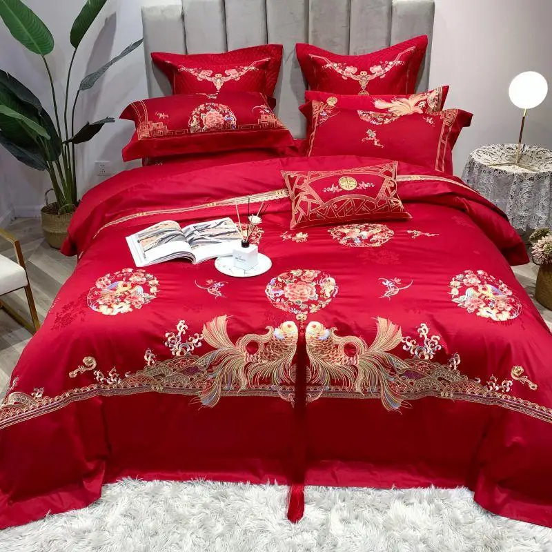 Century wedding Bedding Set red embroidery Bed Set 100S Long-staple cotton Duvet Cover Set Queen King size Bed Sheet Pillowcases