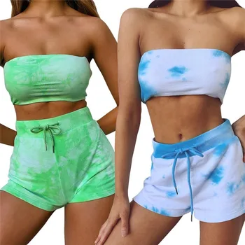 

BJYL Fashion Women Bandage Two Piece Set Summer Tracksuit Tie Dye Print Crop Top and Skinny Shorts Pant Party Club Outfits