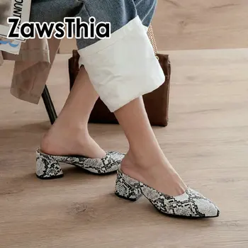 

ZawsThia 2020 summer new slip-on chunky high heels woman slippers snake skin print women slides mules big size 44 45 46 47 48