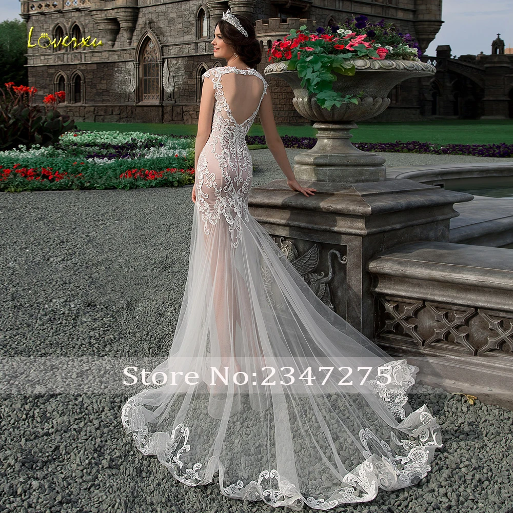 Loverxu Sexy Backless See Through Mermaid Wedding Dresses Luxury Applique Lace Sweep Train Vintage Trumpet Bridal Gowns