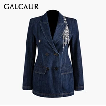 GALCAUR Patchwork Crystal Tassel Women's Blazer Notched Long Sleeve Double Breasted Tunic Denim Coats Female Fashion New