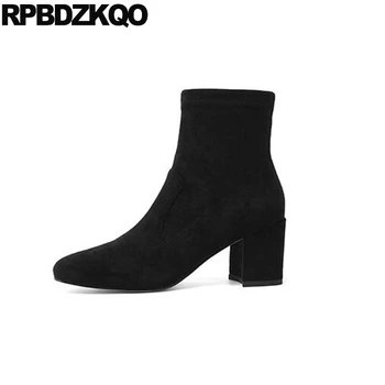 

suede fall chunky thick ladies booties square toe short shoes beige women high heel ankle fur block black winter side zip boots