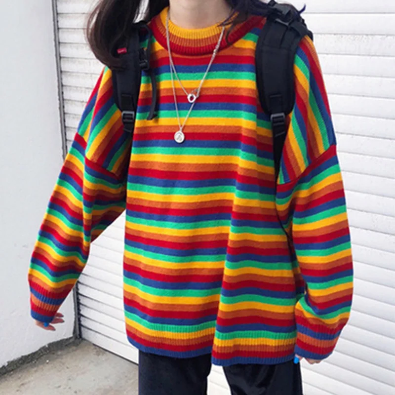 Женский корейский Harajuku Hong Kong-Ароматизированный Свободный Полосатый свитер женские свитера японский Kawaii одежда ulzzang для женщин ins - Цвет: Rainbow
