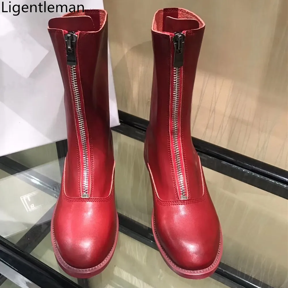 

Genuine Leather Low Heel Short Boots Woman 2020Spring And Autumn New Red Retro Do Old Round Head Lady Reverse Boots Front Zipper