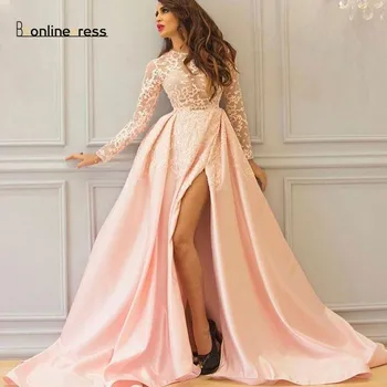 

Party-Dress Champagne Evening Dress Lace Full Sleeves Evening Desses Jewel-Neck Floor Length Formal Gowns vestido-de-festa