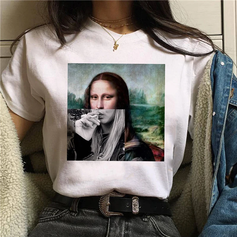 Mona Lisa Эстетическая Harajuku футболка женская Ullzang винтажная графическая футболка Забавный мультфильм 90s футболка корейский стиль Топ Тройники женские