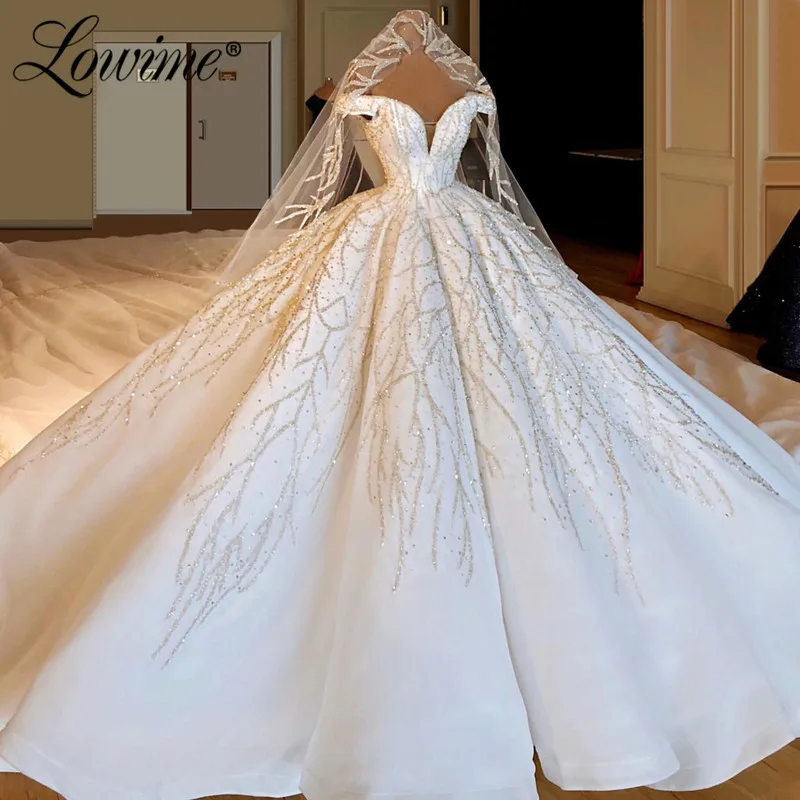 Сделанные на заказ Роскошные Блестящие Свадебные платья с v-образным вырезом размера плюс Пышные свадебные платья арабские мусульманские свадебные платья Vestido De Noiva
