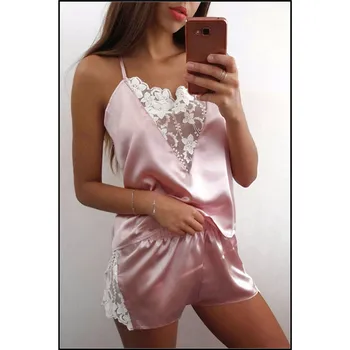 

Sexy Pajama Suit Lace Sleepwear female Sexy suspender Silk Pajamas Sleeveless Nighty Housewear Sets Comfortable Pajama Pants