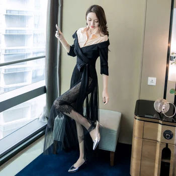 

Patchwork Korean Dress Office Lady Ladies Dresses Women Long Office Dress Lace Maxi Dresses Vestidos De Fiesta De Noche