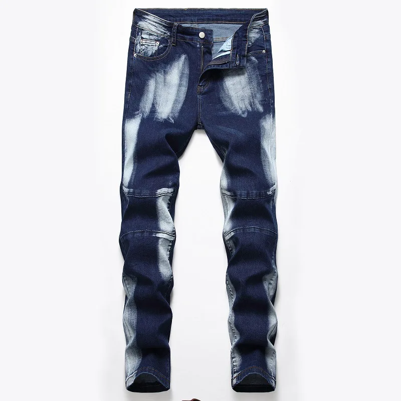 

High Quality European American Style Popular Fashion Men's Jeans Hole Famous Brand Spliced Straight Denim Pants Male Trousers