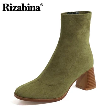 

RIZABINA Women Ankle Boots Thick High Heel Flock Zipper Shoes Round Toe Warm Boots Women Fashion Party Footwear Size 34-39