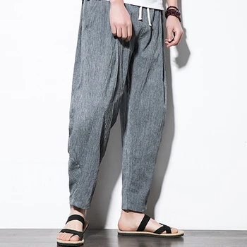 

Men's Streetwear Casual Wide Trousers Sweatpants Ankle-length Drawstring Plain Long Pants Clothes Linen Ankle Hip Hop Pants
