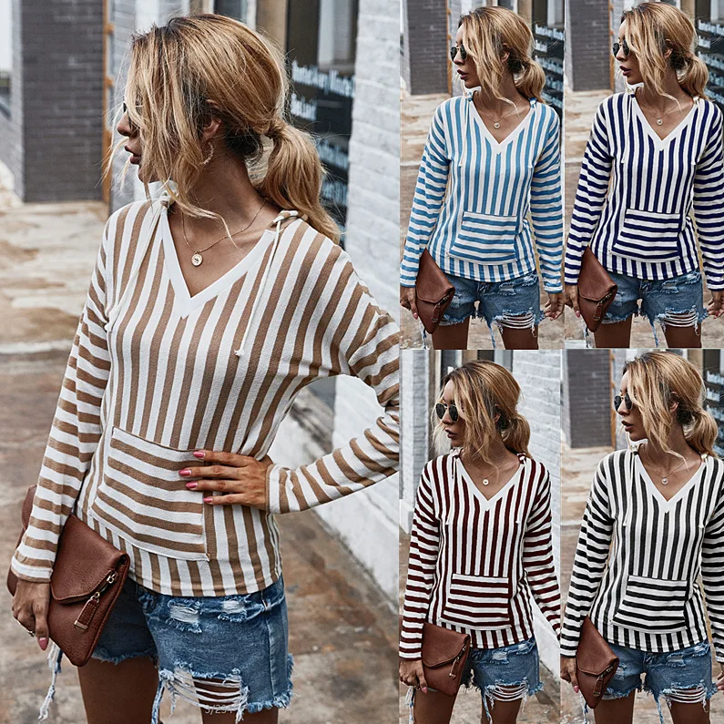 

Multi color winter new casual stripe Hooded Sweater Top Women