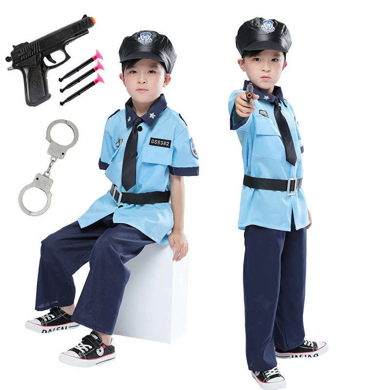 

Halloween Cosplay Boys Kid Clothes Policemen Uniform Matching Hat Belt Toys 4T-9T Carnival Role Play Girl Prom Gown Costume