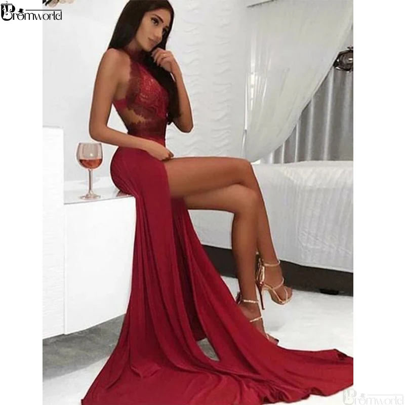 Sexy Hoge Split Bourgondië Lange Plus Size Prom Dress 2019 Halter Applicaties Lace Avond Party Jurken bestidos de gala Sexy Hoge Split Bourgondië Lange Plus Size Prom Dress 2019 Halter Applicaties Lace Avond Party Jurken bestidos de gala