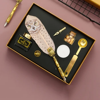 

Vintage Calligraphy Quill Owl Feather Dip Pen with Nib Wax Seal Stamp Gift Box Retro Fountain Pen Stationery School Supplies
