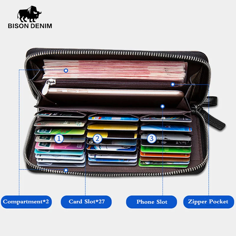 BISON DENIM Genuine leather Wallet Men Zipper Coin Pocket Long Purse Male Passport Multi-card Slots Wallet large capacity 3