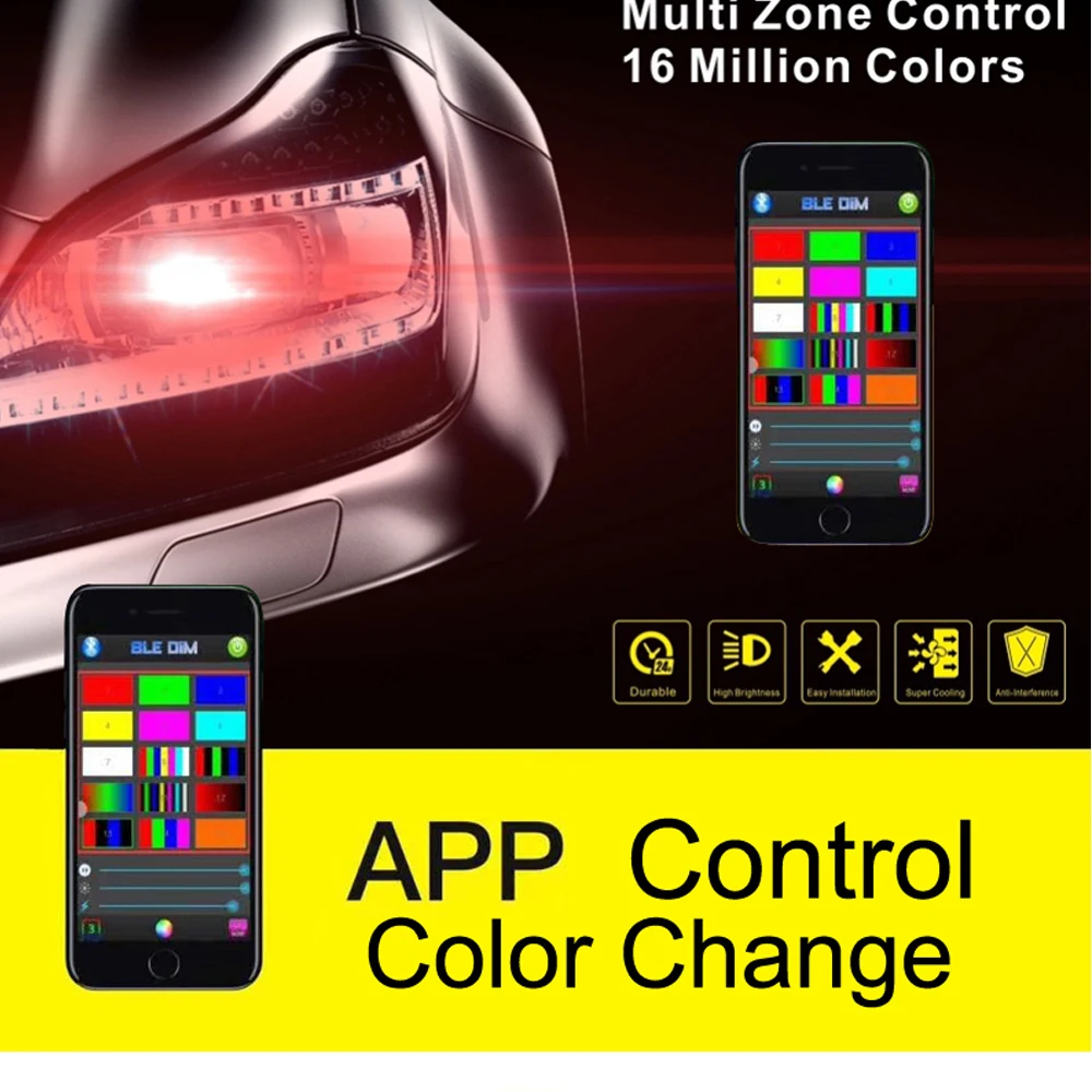 Цветная(RGB) Автомобильный светодиодный головной светильник H7 H4 приложение Bluetooth Управление светодиодный H1 H3 H8/H9/H11 9005 HB3 9006 HB4 880/881 H27 Сменные Цвет светильник лампочка