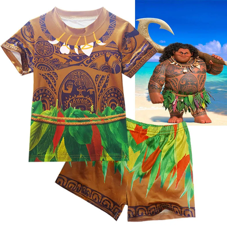 Детский купальник для девочек и мальчиков с короткими рукавами, Moana cosplay Maui, топ, рубашка, шорты, брюки купальный костюм капитана, купальный костюм