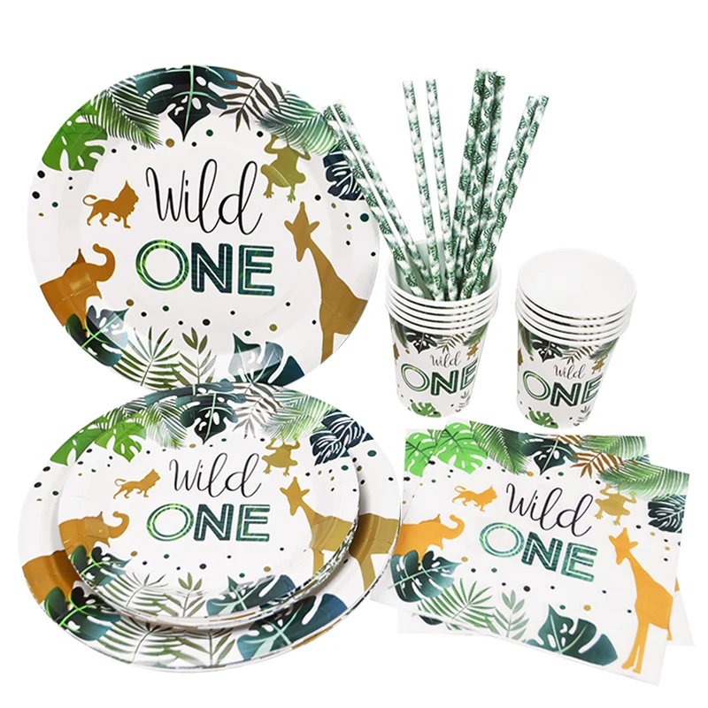 Wild One vajilla desechable para fiesta jungla de Safari decoración de fiesta de cumpleaños niños taza y plato de papel suministros de baño para bebé|Vajilla de fiesta desechable| -