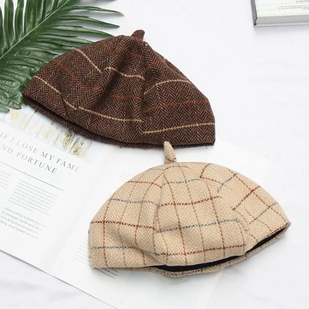 Kuulee Beret Lady Retro Plaid Beret Double Layer Painter Cap Autumn Winter Warm Berets super comfortable