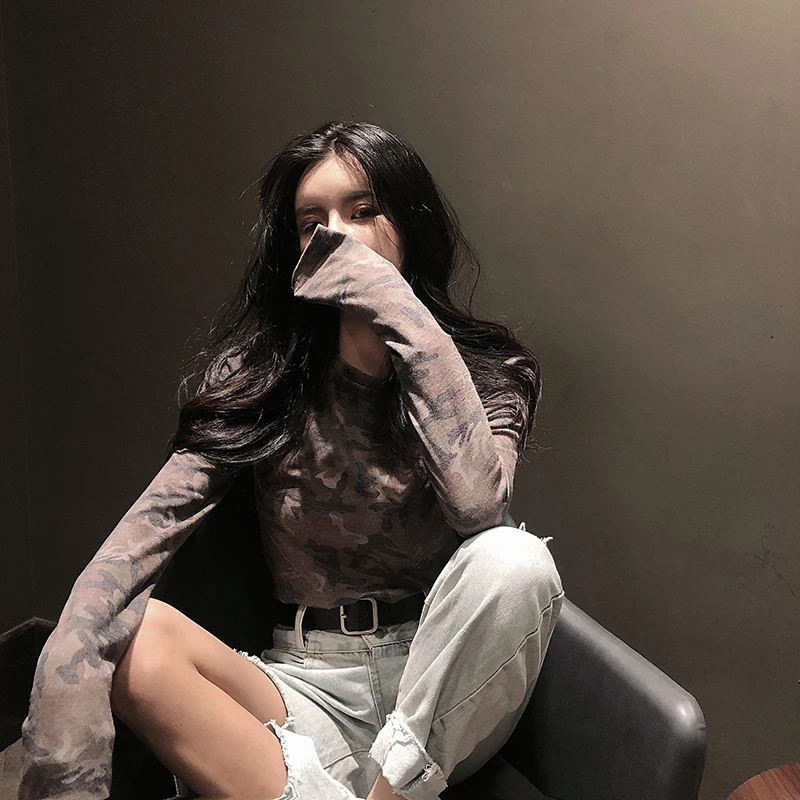 CHEERART Camouflage T Shirt Women Underwear Long Sleeve Top Casual Basic Tshirt Crewneck Tee Shirt Femme Fall Clothes