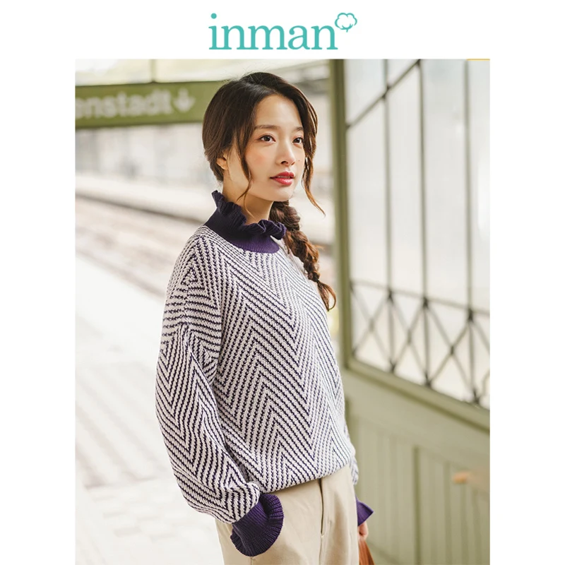 INMAN Winter Agaric Lace Stand up Collar Jacquard Literary All Matched Casual Women Pullover | Женская одежда