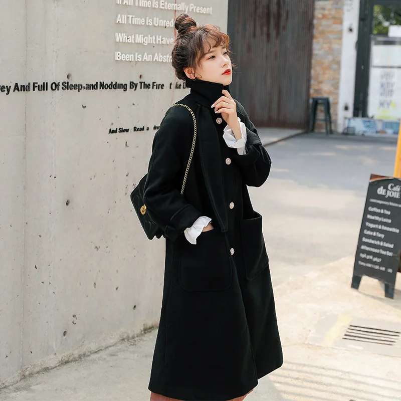 

2019 Winter New Style Korean-style Sense of Design Non-symmetrical Bowtie Woolen Mid-length Coat Women's Fashion