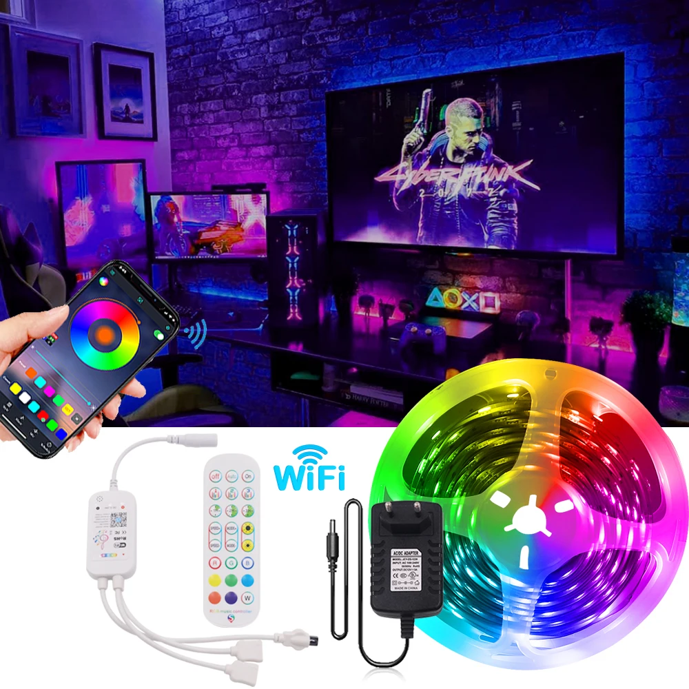 

Светодиодная ленсветильник RGB 5050 SMD с Wi-Fi и Bluetooth, гибкая Водонепроницаемая светодиодная ленсветильник RGB 5 м, 10 м, 15 м, 20 м, Диодная лента с управлением 12 В постоянного тока