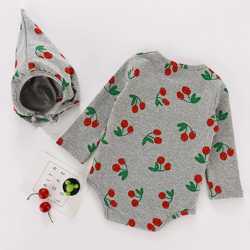 

Spring Baby Onesies Girls Cherry Print Romper Autumn Boy Clothes Toddler Long-sleeved Hooded Jumpsuit