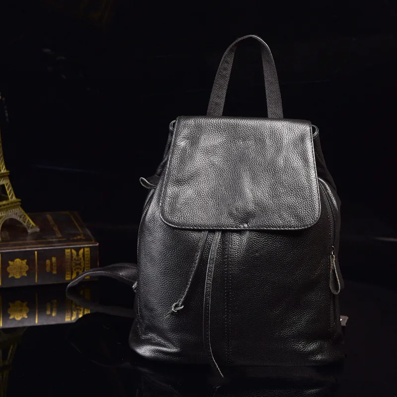 High quality top layer cowhide black backpack vintage lady hand designed backpack student bag computer bag