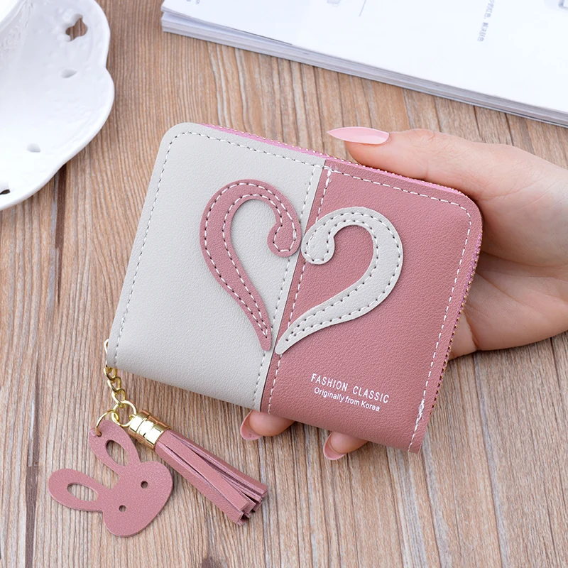 New women's wallet zipper leather small wallet short student Korean fashion mini hit color tassel wallet
