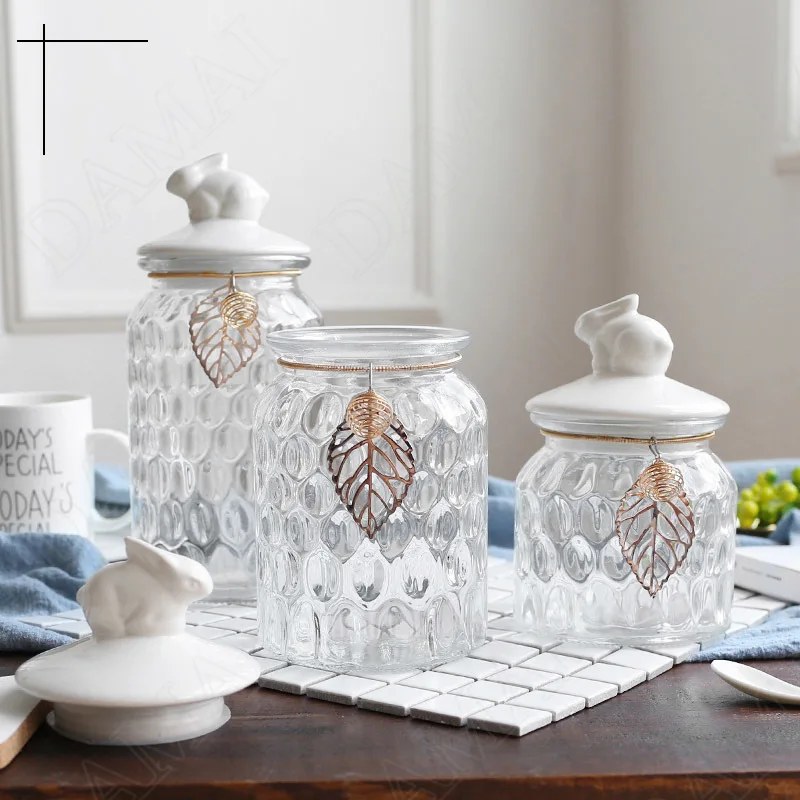Glass with Lid Storage Jar Rabbit Candy Jars Coffee Table Tea Caddy  Grain Dispenser Home Decoration Crystal Organizer Tank 2