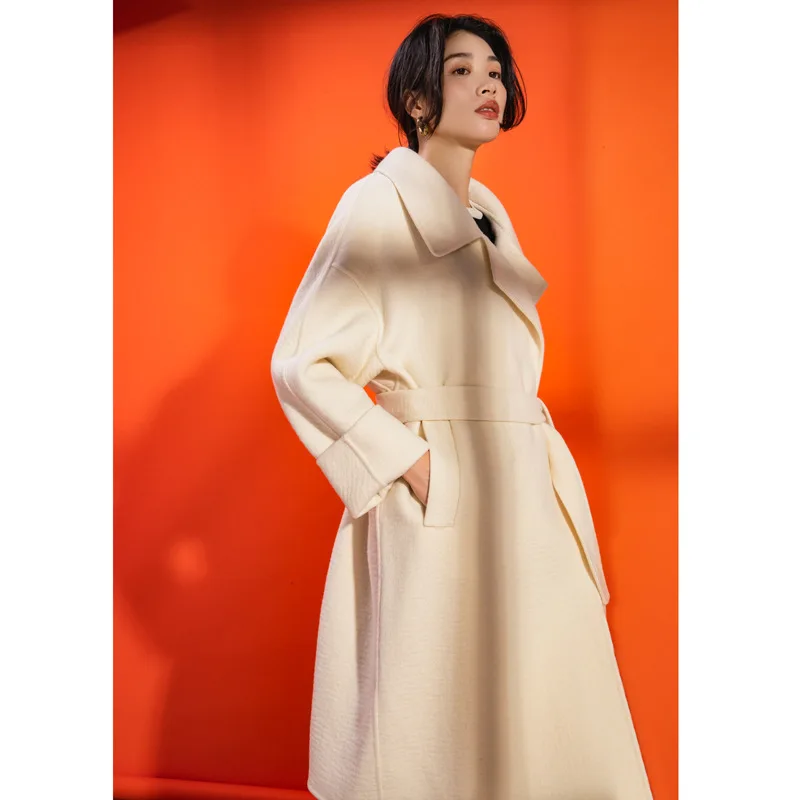

Shuchan Fashion Designer 50% Cashmere+50% Wool Woman Coats Adjustable Waist Turn-down Collar Belt Solid Long Coats Warm