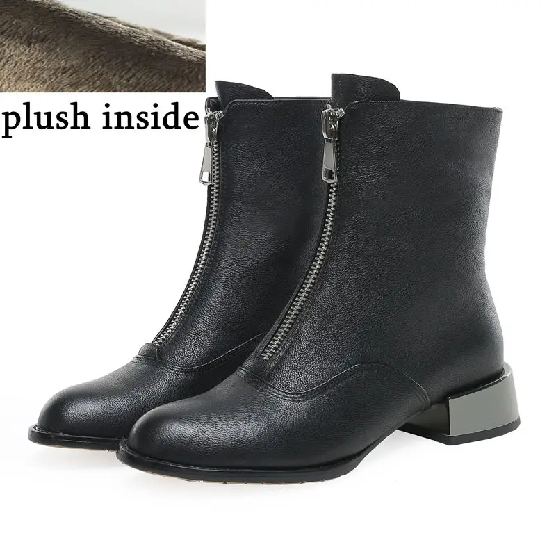plush inside ALLBITEFO/женские ботинки из натуральной кожи; расслабляющий чистый цвет; высококачественные ботильоны; сезон осень-зима; модные ботинки с круглым носком - Цвет: plush inside
