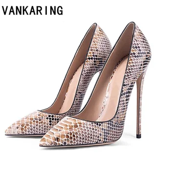 

2020 HOT women shoes pointed toe classic pumps print snake leather dress high heels boat shoes party wedding shoes zapatos mujer