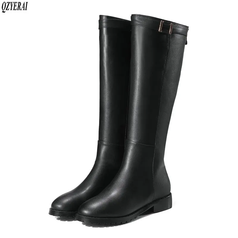 Large size 34-43 women knee high boots buckle with zip Retro women's motorcycle boots thick fur warm winter snow boots